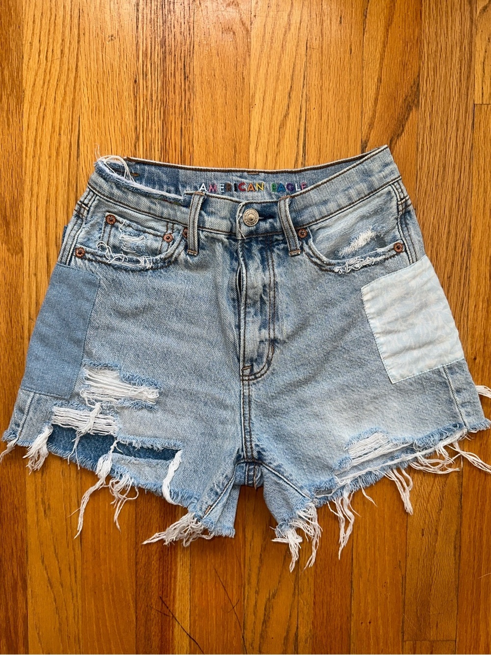 American Eagle Outfitters Light Blue Patchwork Distressed Denim Shorts
